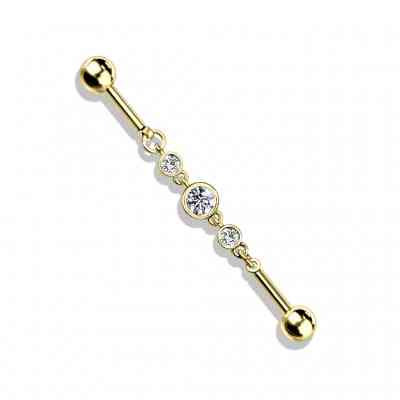 TRIPLE ROUND CZ CHAIN INDUSTRIAL BARBELL S/S GOLD PVD