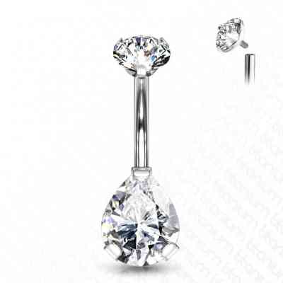 PRONG SET PEAR CLEAR CZ NAVEL BAR TITANIUM