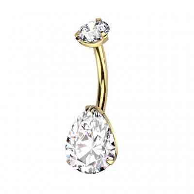 PRONG SET PEAR GOLD & CLEAR CZ NAVEL BAR