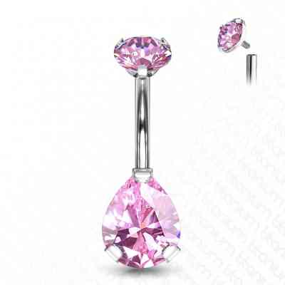 PRONG SET PEAR PINK CZ NAVEL BAR TITANIUM